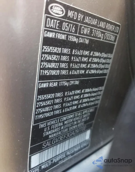 2016 Land Rover Range Rover Autobiography from USA, damaged, VIN SALGV3EF3GA297700